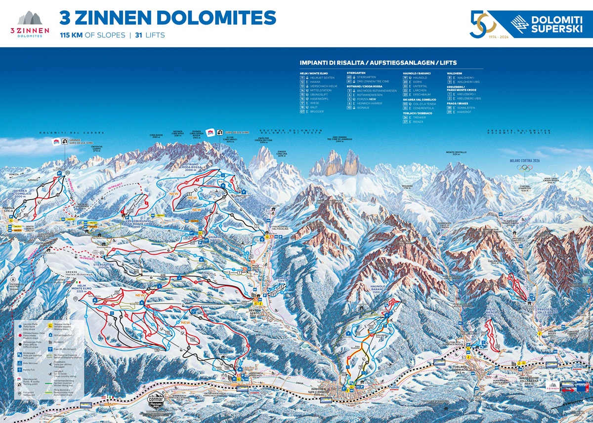 Cartina piste sci Tre Cime Dolomiti - Skimap Tre Cime Dolomiti