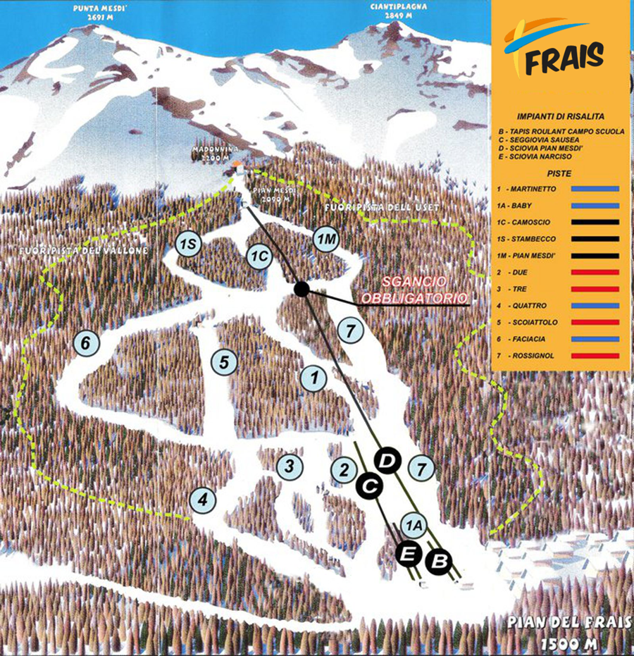 Cartina Chiomonte - Pian del Frais - Mappa piste sci Chiomonte - Pian del Frais
